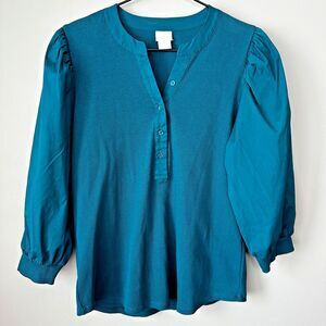 Chico's Rib Knit Woven Puff Sleeve Womens Top Size Medium Teal